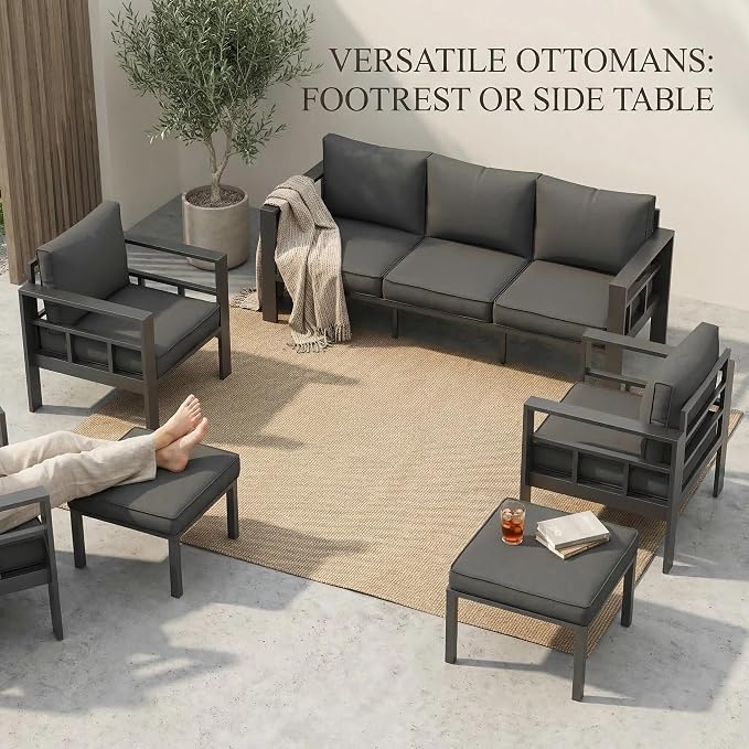UDPATIO Aluminum Patio Furniture Set with 2 Ottomans, 6 Pieces All-Weather & UV-Resistant Outdoor Furniture for Deck, Backyard, Poolside, Dark Gray