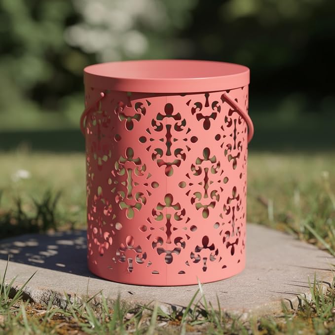 Benzara Kemo Outdoor End Table, Round 14 Inch, Cutout Design, Dark Peach Iron