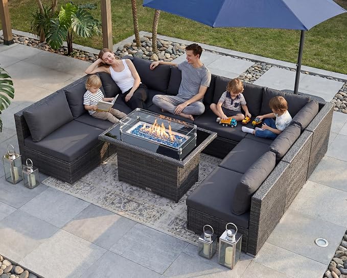 BULEXYARD 9 Pieces Highback Wicker Patio Furniture Set with Firepit, High Weight Capacity Outdoor Sectional Couch Sofa 8-Seater Modular, Plus Comfortable Wide Deep Deck Seating Group, Dark Grey
