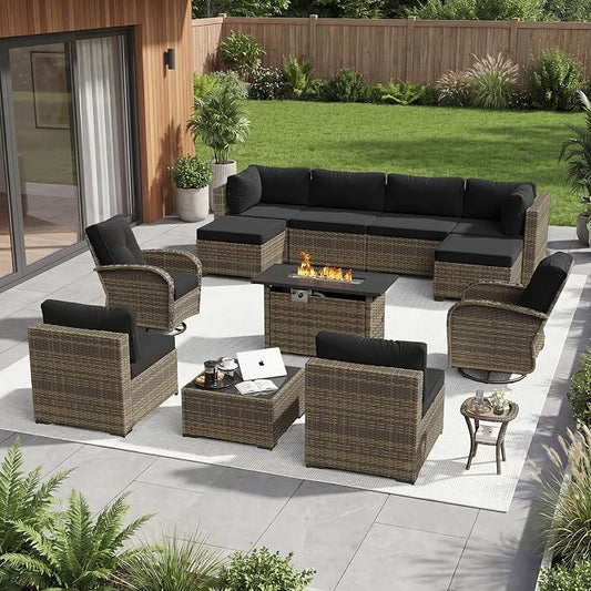 Aoxun 13 Piece Outdoor Patio Furniture Set with 44'' Fire Pit Table, Wicker Rattan Outdoor Furniture with High Back Swivel Rocker Chairs, Outdoor Conversation Set with Thick Cushion & Ottoman, Black
