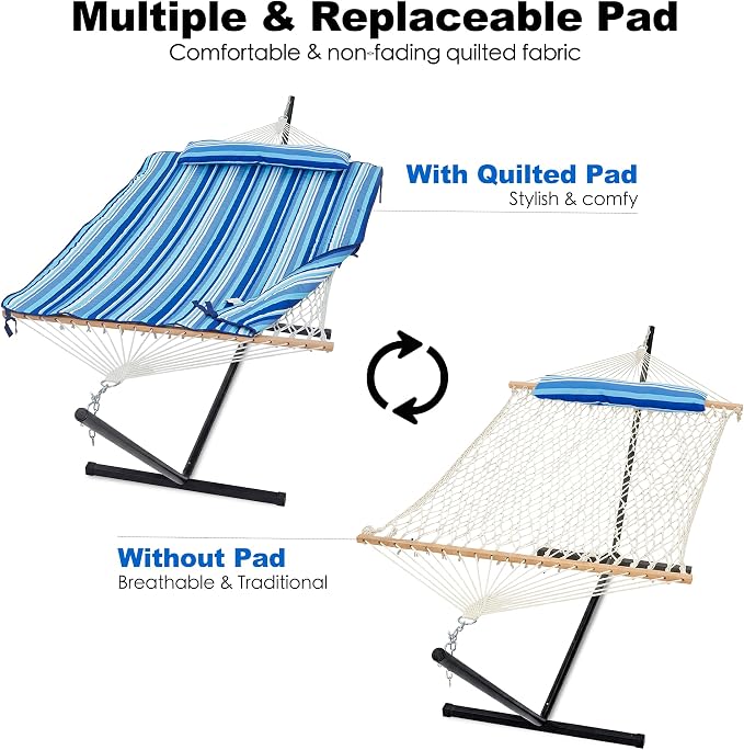 GAFETE 2 Person Hammock with Stand for Outside, 52inch Double Cotton Rope Hammock with Polyester Pad, Heavy Duty Steel Stand, Large Removable Pillow, Storage Bags, Max 475 lbs Capacity (Blue with Pad)