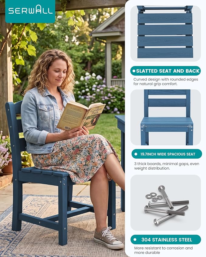 SERWALL HDPE Outdoor Dining Table and Chairs Set for 6 | with Armless Chair Seat