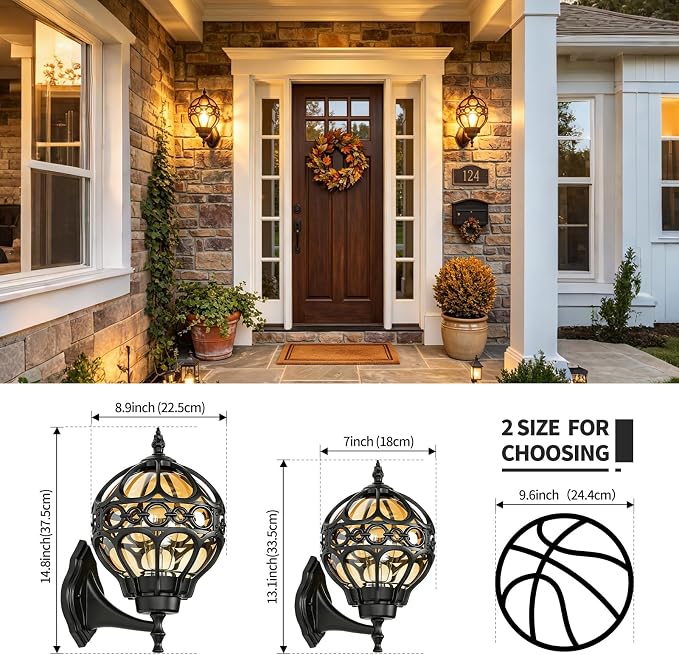 2 Pack Black Globe Outdoor Wall Lights, Round Exterior Wall Sconce for Patio, Porch, Garage, Anti-Rust Aluminum Wall Mount Lighting Fixture, Classic Wall Lantern with Ornate Cage & Amber Glass