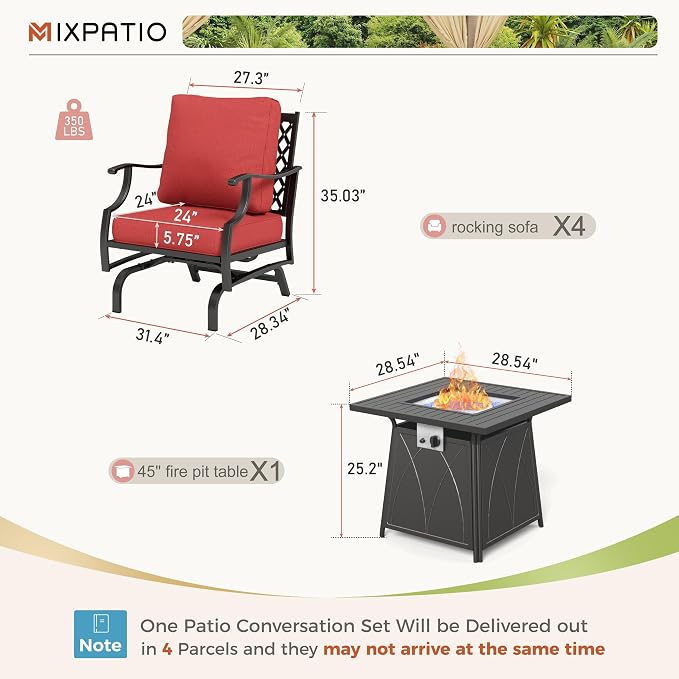 MIXPATIO Patio Furniture Set with Fire Pit Table, 5 Pcs Metal Outdoor Conversation Set, 4 Rocking Chairs with 5.75" Extra Thick Cushion and 28" Fire Pit Table for Backyard Deck, Red