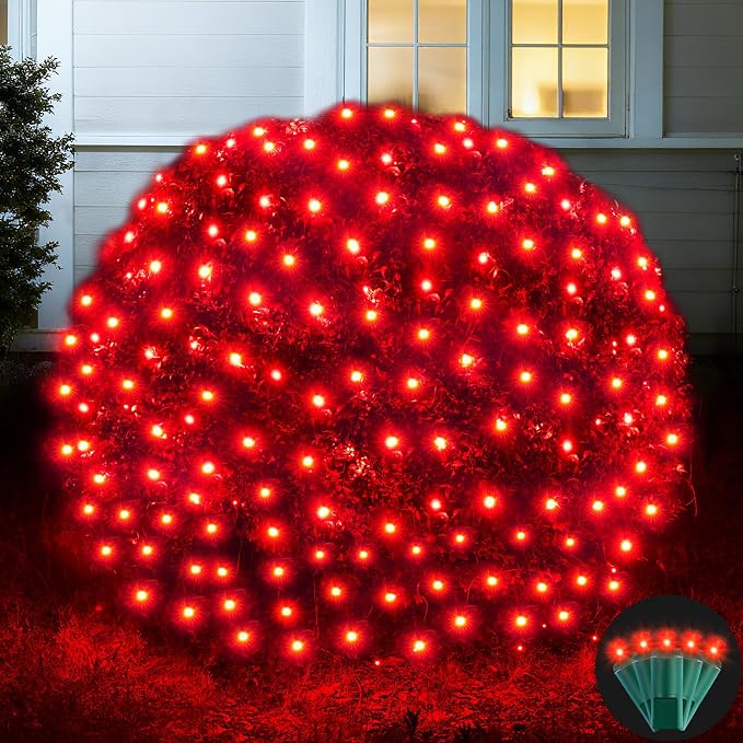 Led Net Lights Christmas Lights Outdoor 200Leds 9ft x 6ft Upgraded Red Christmas Net Lighting, Waterproof 5mm LED Wide Angle Outdoor Indoor Mesh Net Light for Trees, Bushes, Shrubs Decorations