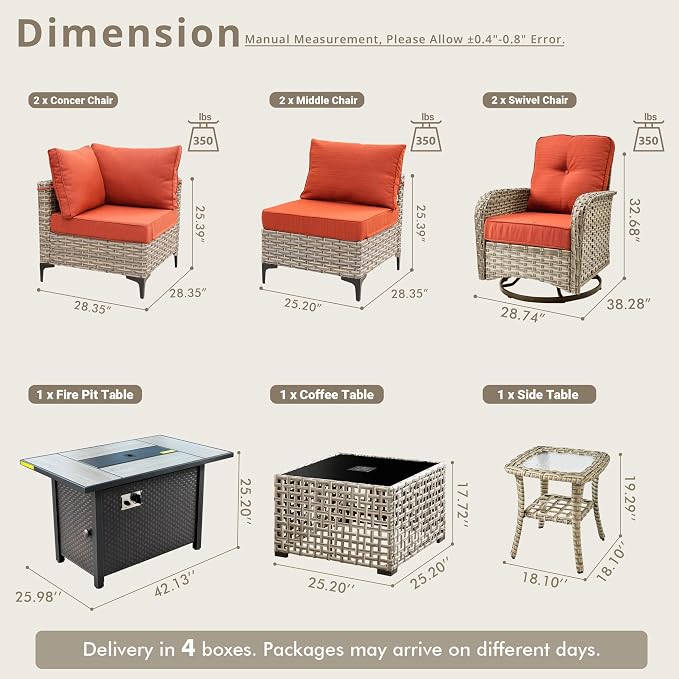 9 Pieces Patio Sectional Furniture Set, Outdoor Wicker Sectional Couch with Firepit Swivel Rocker Chairs Solar Lights Table, Modern Conversation Set for Porch Balcony Backyard, Orange