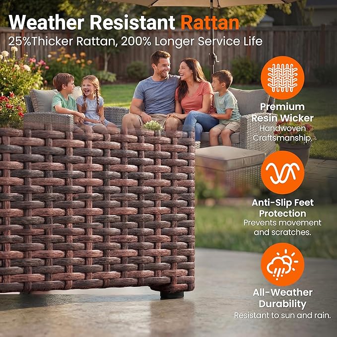 Wisteria Lane 4 Piece Patio Furniture Set, Wicker Outdoor Patio Conversation Furniture Set, All Weather Outdoor Patio Sofa with Cushion and Wood Table, Brown and Beige