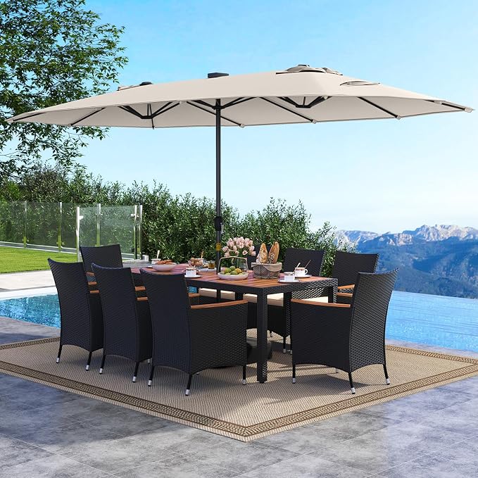 Tangkula 11 Pieces Patio Dining Set with Double-Sided Led Patio Umbrella (Base Included), with 8 Stackable Chairs, Acacia Wood Dining Table and Large Umbrella with Solar Lights (Beige + Off White)