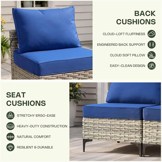 10 Pieces Patio Furniture Set, Outdoor Conversation Set with 360° Swivel Rocker Chairs, Wicker Sectional Sofa & Solar Coffee Table, High Back Outdoor Furniture L Shaped Couch for Porch Deck, Navy Blue