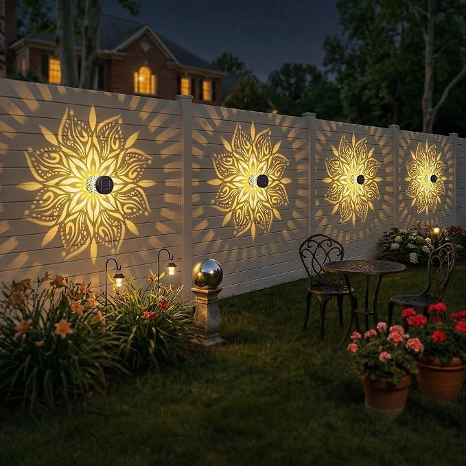 2 Pack Solar Fence Lights Metal Solar Powered Outdoor Wall Deck Step Lights Mandala Theme Waterproof Fence Light for Garden Post Patio Backyard Yard Decor, Gardening Gifts for Women Mom Grandma