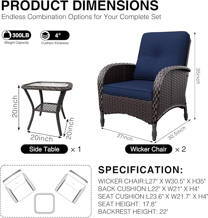 Joyside Wicker Patio Chairs, 3 Piece Rattan Outdoor Furniture with Thickened Cushions, High Back, Deep Seating, Wide Armrest, Outdoor Chairs for Porch, Deck
