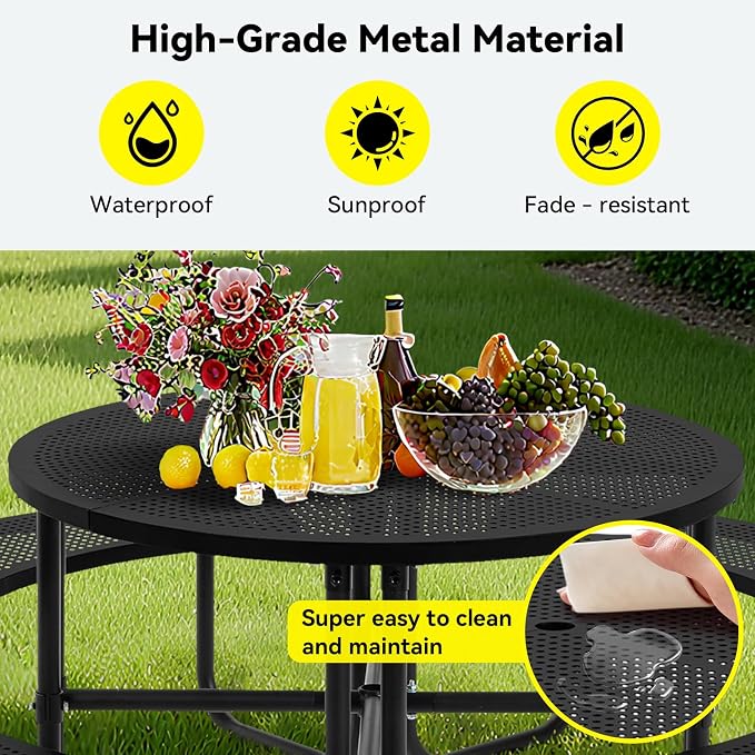 46" Round Heavy Duty Metal Picnic Table with Umbrella Hole, Portable Open Air Picnic Table for Outdoor Patio & Lawn Garden, Rustproof Commercial Grade (Black - Round)
