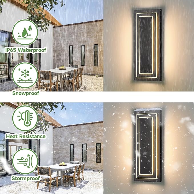 Outdoor Front Porch Light Fixtures,Outdoor Wall Sconce 15.7 in,24W | 2-Tier Black Modern LED Exterior Lights Outside Wall Lights For House,Garage, Patio,Waterproof ,3000K Warm White, 1 Pack