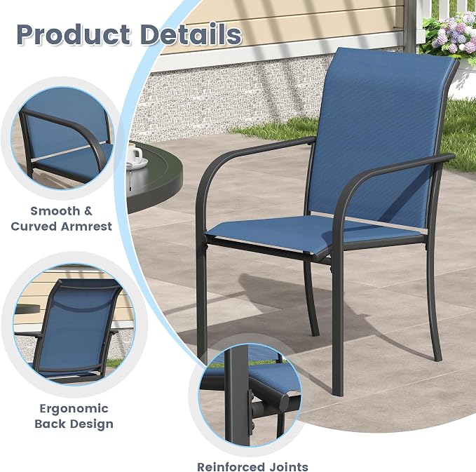 VICLLAX 3 Pieces Patio Outdoor Dining Set, 28" Square Metal Table and 2 Stackable Textilene Chairs for Patio, Lawn, Garden, Porch, Black/Dark Blue