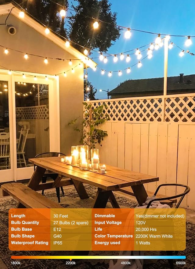 Brightown Outdoor String Lights, 30FT G40 LED IP65 Waterproof Patio Lights | 25 Shatterproof Edison Bulbs, Plug-In, Dimmable, Connectable, Outside Light for Backyard Porch Party Christmas Decorative