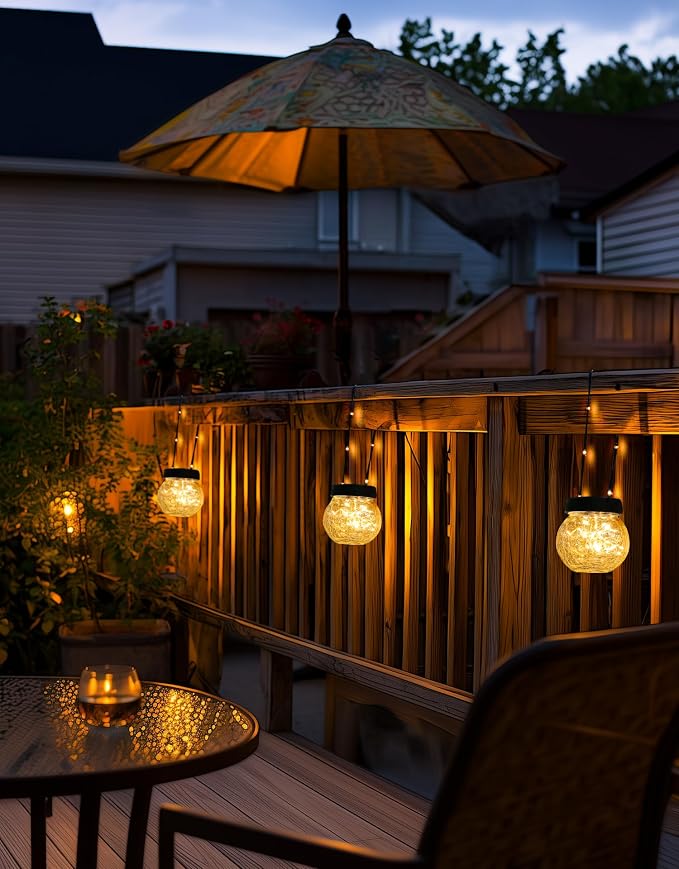 Solar Lights Outdoor Waterproof 12-Pack, Solar Powered Hanging Lantern Cracked Glass Hanging Globes for Yard Decor Christmas Decoration, Shepherd Hook, Garden Tree Ornaments, Warm White