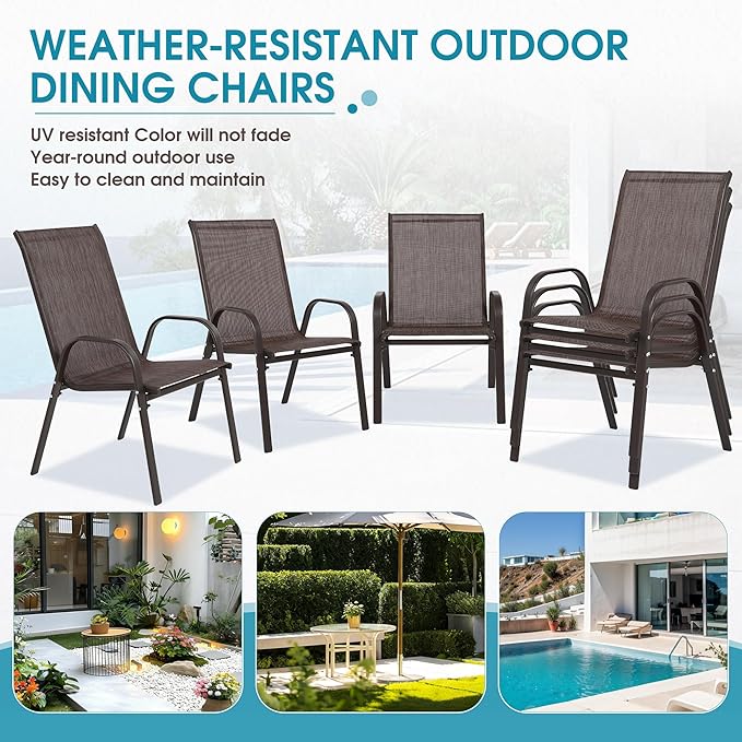 24.4" Wide Outdoor Stackable Chairs Set of 6, Stacking Patio Chairs with Textilene Fabric, Outside Furniture for Garden Backyard Balconie Poolside Deck, Brown