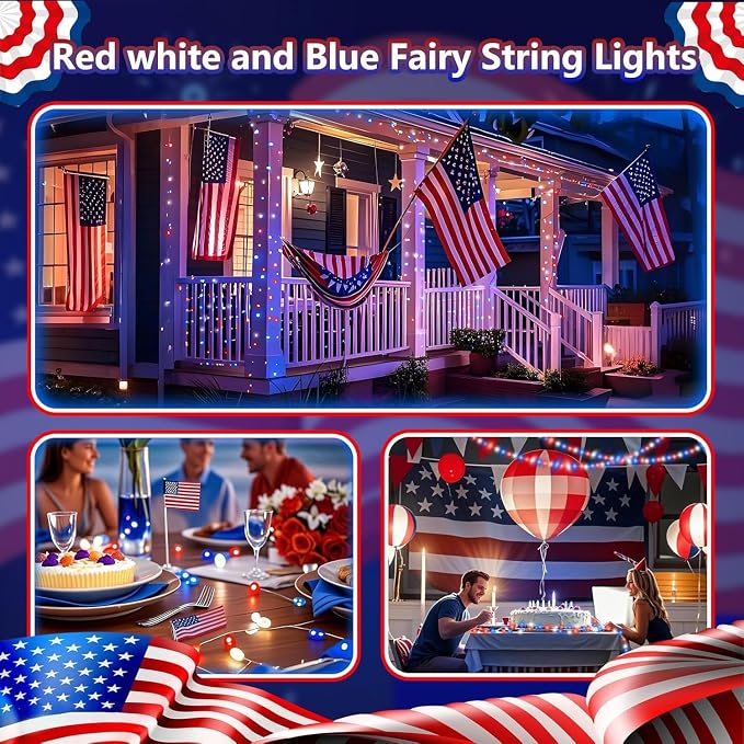 4th of July Fairy Lights Battery Operated 4 Pack 100 LED Red Blue White | Remote Control, 8 Modes, Timer, Adjustable brightness, Waterproof Lights for Indoor Outdoor Classroom Christmas Decor