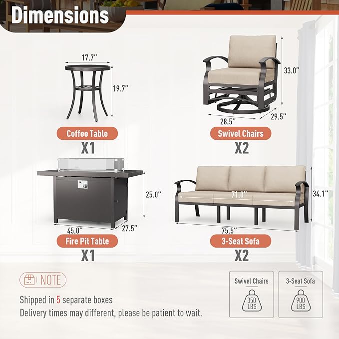 Kurapika Aluminum Patio Furniture Set 8-Seat Modern Metal Outdoor Conversation Sets w/45in Propane Fire Pit Table, Swivel Rocking Chairs Patio Sectional Sofa w/5.1 Inch Cushion, Sand