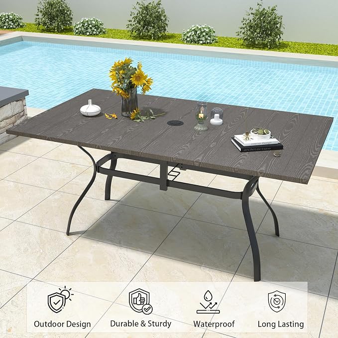 Anmutig Outdoor Rectangle Dining Table 6-Person with 1.57" Umbrella Hole Metal Steel Backyard Bistro Table for Garden, Poolside, Backyard, Brown Top