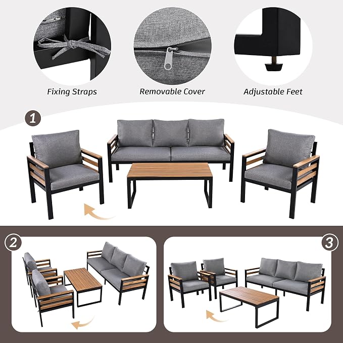 VilroCaz 4-Piece Outdoor Patio Furniture Sectional Sofa Set with Acacia Wood Armrests, All-Weather Conversation Set with Removable Cushion and Solid Wood Coffee Table for Garden Backyard (Grey-TH)