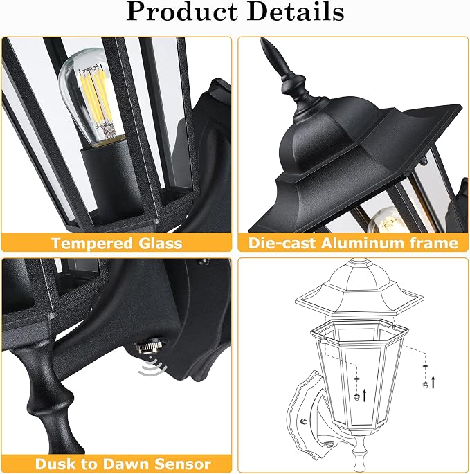 GRUENLICH Outdoor Wall Light Fixture, Rustproof Aluminum, Glass | Dusk to Dawn Exterior Porch Light Wall Sconce Lantern for House, Patio, Garage, Waterproof, E26 Socket 60W Max, Black, 1 Pack