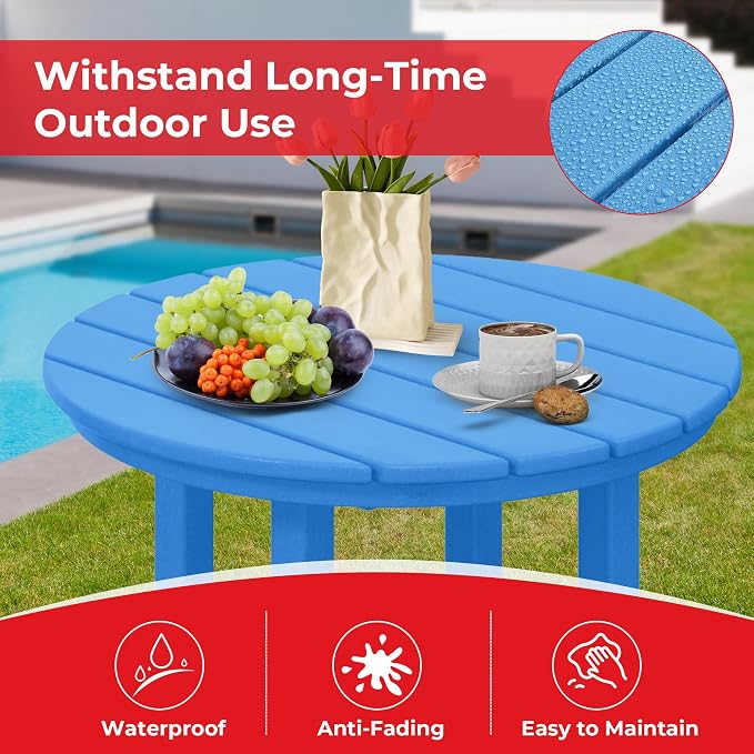 Costaelm Outdoor Bar Table, 42" Counter Height Round Patio Cocktail Bar Table, Patio Bar Table 3-Pieces Set Bistro Dining Table Pub Table for Deck, Backyard, Garden, Pacific Blue