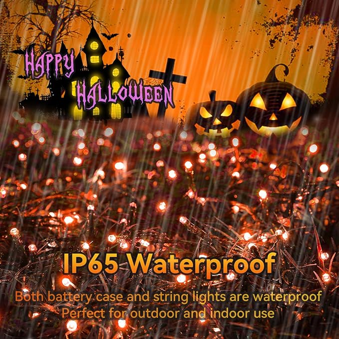 Orange Halloween String Lights Outdoor 100LED Battery Operated Fairy Lights with Waterproof Remote Timer for Garden Party Holiday Thanksgiving Day Halloween Décor