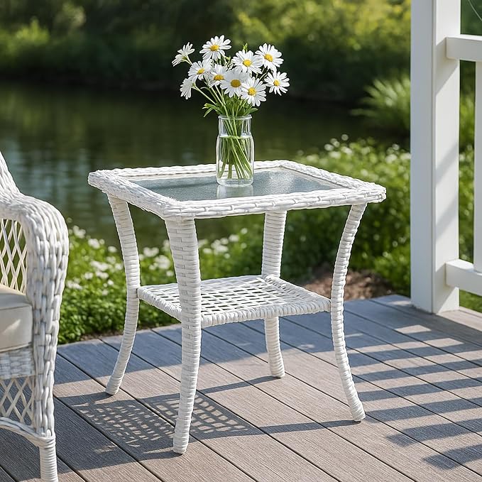 MEETWARM Wicker Outdoor Side Table, All-Weather Patio Rattan Side Table with Tempered Glass Top and Storage Shelf, Small Patio End Table for Outside Indoor Outdoor Balcony Porch Deck, White