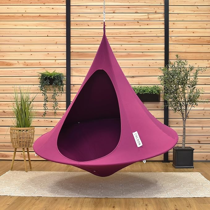 Double Cacoon Hanging Chair for Two – Cozy Indoor/Outdoor Hammock with Polyester Canvas, 440 lb Capacity, Includes 18ft Rope & Carabiner (Mulberry)