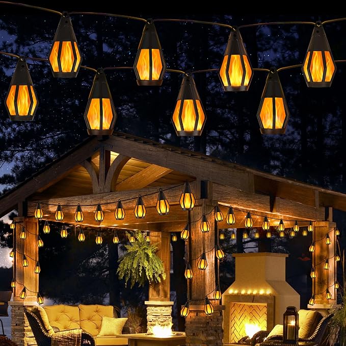 Solar String Lights for Outside, 44Ft Solar Patio Light with 20 Flickering Flame Light Bulbs, Waterproof Warm White Solar Powered Outdoor Lights for Garden Yard Patio Gazebo Bistro Cafe Party Decor