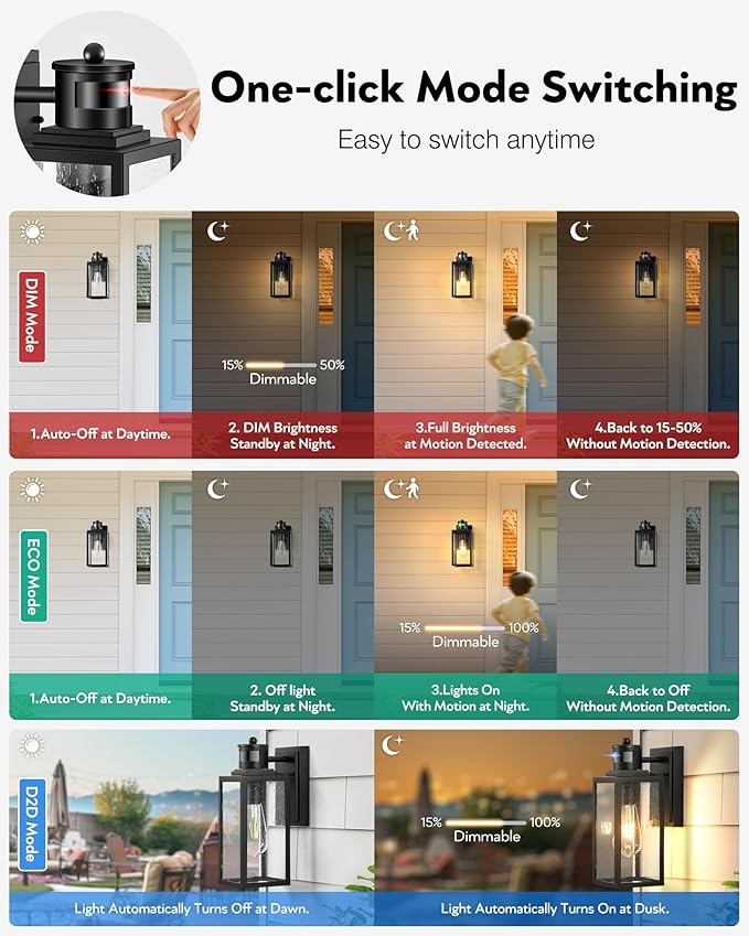 VIANIS 2 Pack Motion Sensor Porch Lights Outdoor, Modern Black Exterior Lighting Fixtures Wall Mount for House, Anti-Rust Waterproof Outdoor Sconce Lights for Garage, Front Door with Seeded Glass
