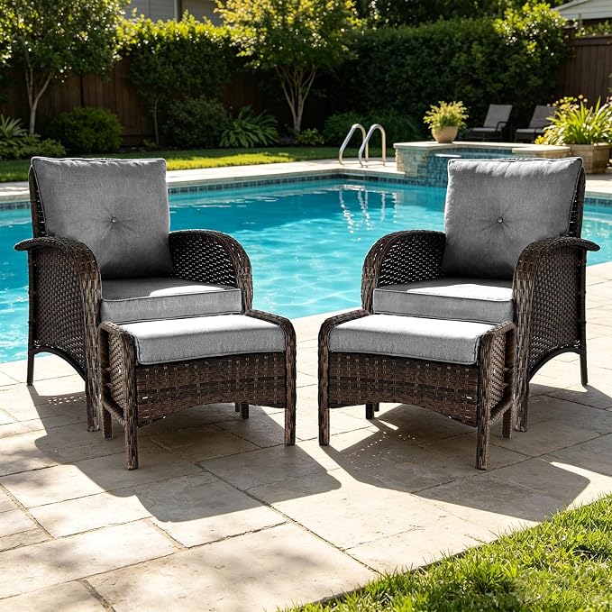 SHGJ&SOFT All Weather Patio Furniture Set, High Back Swivel Rocker Glider Chairs，Ottomans & Glass Tables, Outdoor Conversation Set for Deck Porch Yard Poolside (Grey, 4PCS-Chairs&Ottomans)