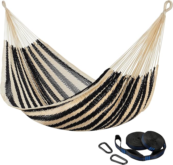 CHULIM Handwoven Mayan Hammock with 10ft Tree Straps, 550lbs Capacity Soft Rope Double Hammock, Portable Outdoor Hammock with Carry Bag for Camping Backyard Beach - Black White Stripe