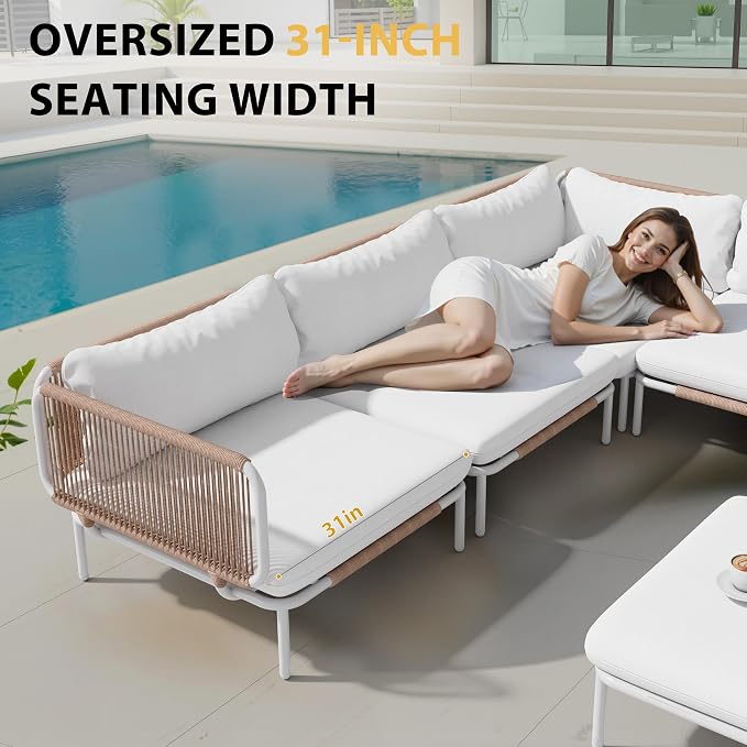 7-Piece Modern Outdoor Sectional Sofa with Coffee Table - 31" Deep Seating Patio Conversation Set, Weather-Resistant Low-Profile 11" Seat Height Lounge Seats for Deck, Porch & Backyard, Beige
