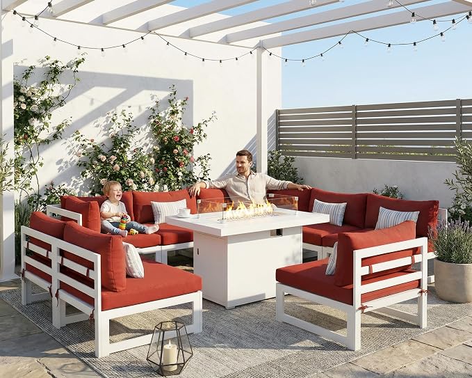 RADIATA 9 Piece High End Aluminum Patio Furniture Set with Fire Pit Table, 500 lbs Heavy Duty Outdoor Sectional Sofa, 29" Deep Wide Oversized Seating L Shaped Conversation Couch for Exterior, Burgundy