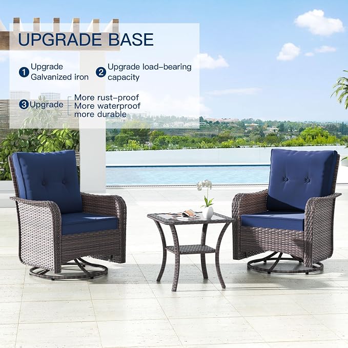 Kullavik Outdoor Swivel Chairs Set of 2,Patio Wicker Rocker Chairs with 4" Thick Cushions and Side Table,Patio Conversation Furniture Set for Patio Porch Deck Backyard,NavyBlue
