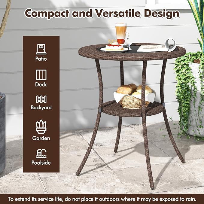 25.5" Round Patio Bistro Table w/Storage Shelf, PE Wicker Coffee Table w/Tempered Glass Top and Metal Legs, Outdoor Side Table for Garden, Balcony, Porch, Backyard
