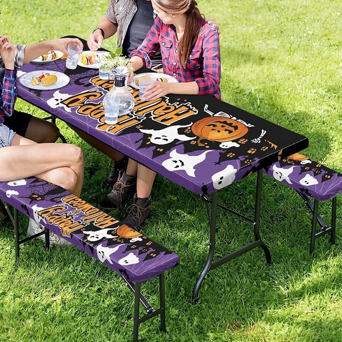 Halloween Pumpkin Picnic Table Cover with Bench Covers Washable Outdoor Camping Tablecloth Summer Abrasion Resistant Waterproof Picnic Table Cover 3 Piece Set