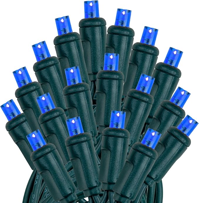 Novelty Lights 12-Pack, 50 Feet 100 LED Blue Christmas Mini Light String on Green Wire, 5mm Wide Angle Bulbs, Connectable, Indoor/Outdoor Decor, UL Listed