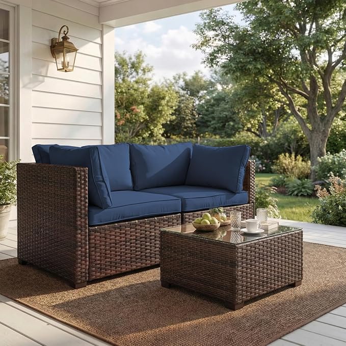 3 Pieces Patio Furniture Set with Glass Table, Outdoor PE Rattan Sectional Sofa with Soft Cushions for Backyard, Porch, and Poolside (Blue, 3 PCS w/Table)