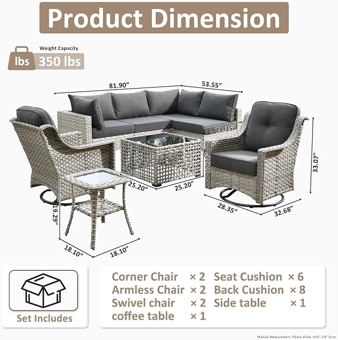 HOOOWOOO Outdoor Patio Furniture Set,8 Pieces Wicker Out Door Sectional Furniture L Shaped Couch,Patio Conversation Sets with Swivel Rocking Chair LED Table,Denim Blue