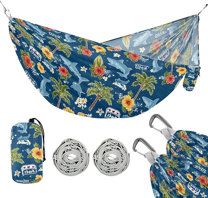 Camping Hammock Outdoor Hammocks for Outside Flower Shark Ocean Beach Trees Portable Lightweight with Pockets Tree Straps Indoor