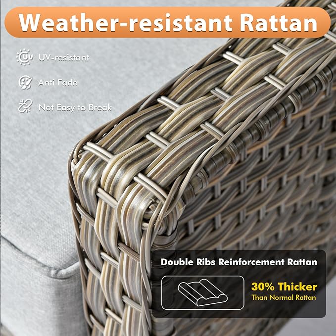 6 PCS Outdoor Patio Furniture Sets,Patio Conversation Sets Outside Rattan Soft Cushion Sofa with 2 Wicker Rocking Chairs & 54 in Fire Pit Table Fit Backyard Porch Garden Poolside Balcony,Light Grey
