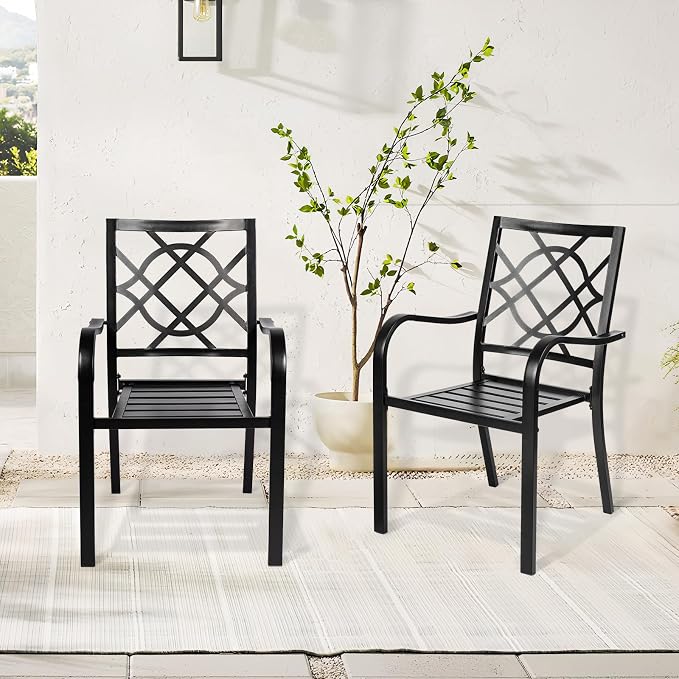 SUNCROWN 2 Pieces Wrought Iron Black Chairs 300 Lbs Outdoor Dining Chairs, Patio Metal Stackable Chair with Armrest for Backyard, Garden, Poolside