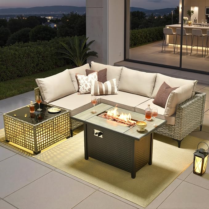 6 Pieces Patio Furniture Set with 42" Fire Pit, All-Weather Rattan Outdoor Sectional Conversation Sets L Shaped Sofas with Solar Light Coffee Table for Porch Balcony Backyard Beige