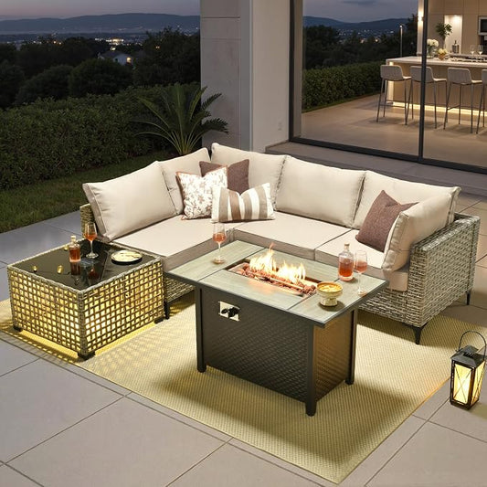 6 Pieces Patio Furniture Set with 42" Fire Pit, All-Weather Rattan Outdoor Sectional Conversation Sets L Shaped Sofas with Solar Light Coffee Table for Porch Balcony Backyard Beige