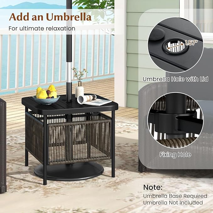 HAPPYGRILL Outdoor Side Table with Umbrella Hole 1.57”, Square Rattan Wicker Coffee Bistro End Table Umbrella Stand, for Backyard Poolside Garden (1)