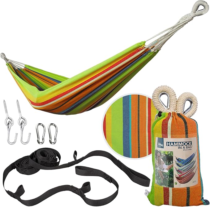 Bliss Hammocks 40" W Single Outdoor Hammock with Universal Multi-Loop Suspension with "S" Hooks, Durable, Cotton/Polyester, 220 Lbs Capacity, Guacamole Stripe