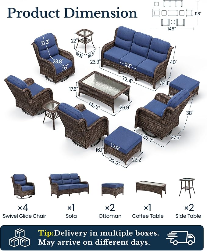 HILLGA 10-Piece Luxury Patio Furniture Set with 6" Thick Cushions, Weather-Resistant Wicker High Back Swivel Rocker Chairs, Senior-Friendly Outdoor Sofa Set for Large Deck, Yard and Poolside, Blue(V2)
